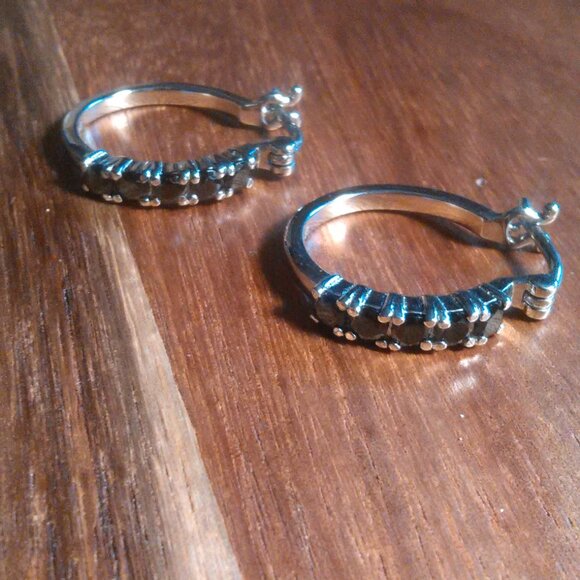Thai Black Spinel Stainless Steel Hoop Earrings - Picture 1 of 11